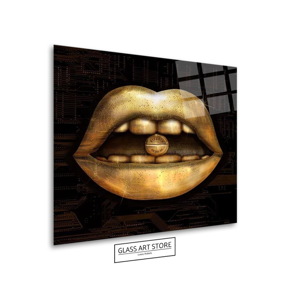 Goldene Lippen Bitcoin Wandkunst