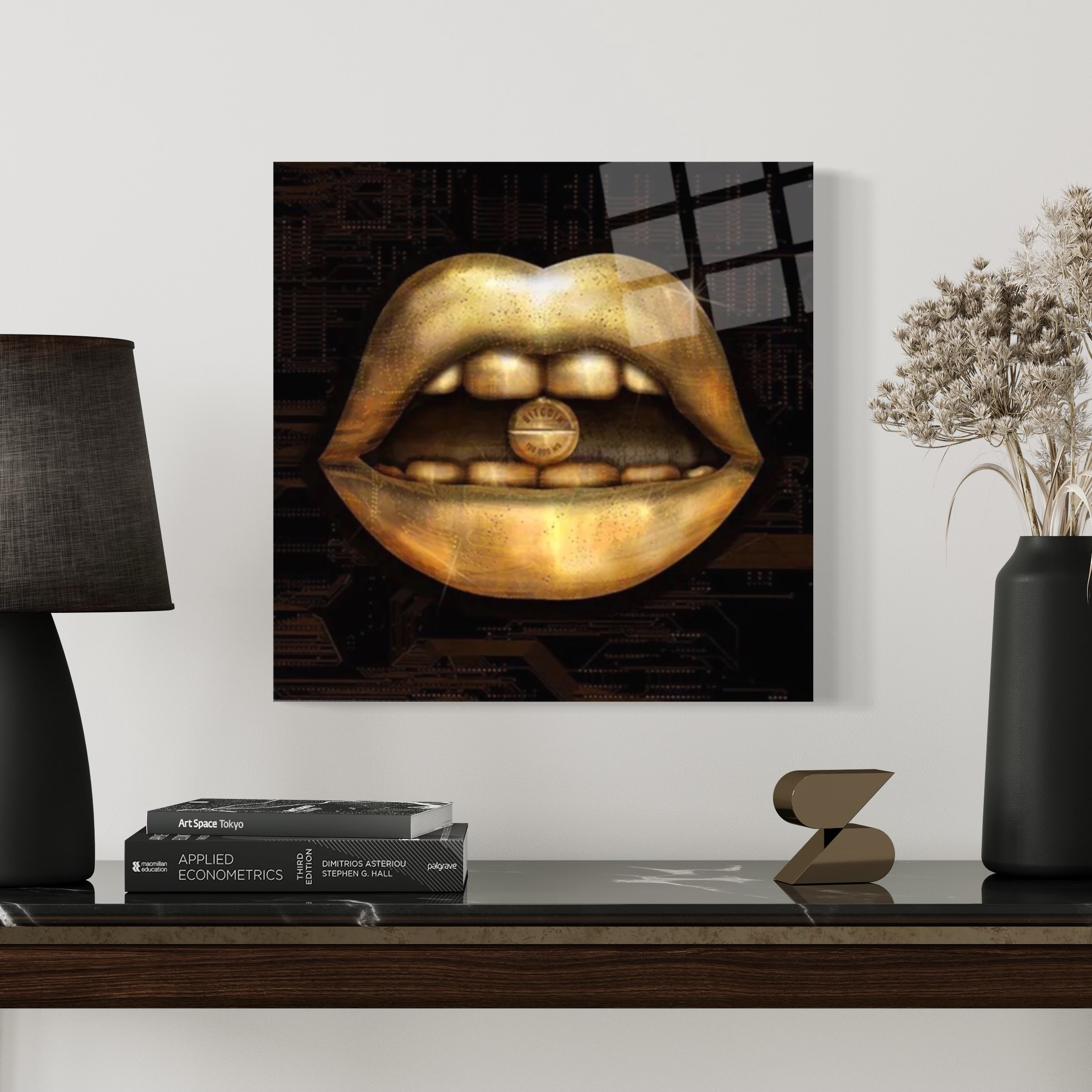 Goldene Lippen Bitcoin Wandkunst