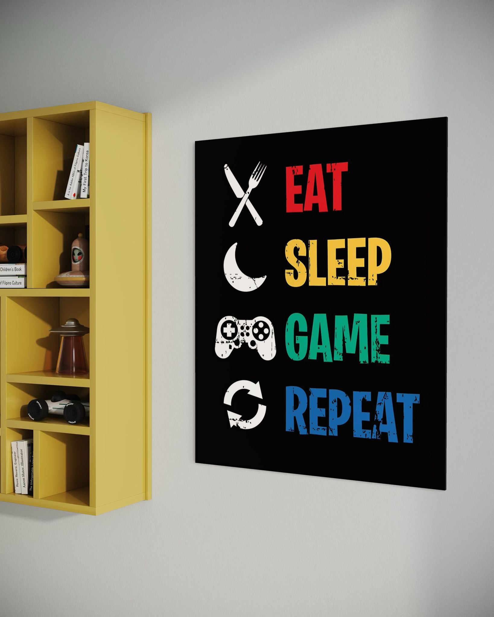 Wandkunst „Eat Sleep Game Repeat 2“.