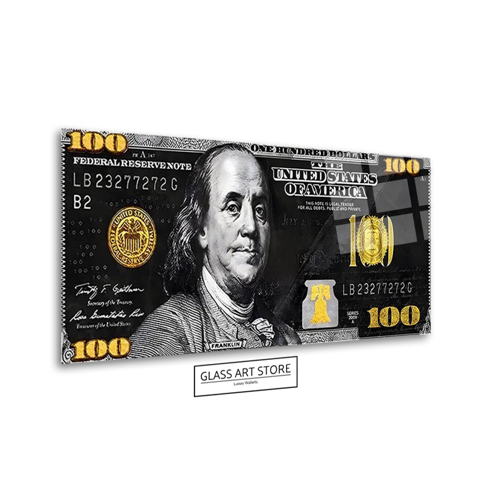 Schwarz-goldene Dollarschein-Wandkunst – Glaskunstgeschäft