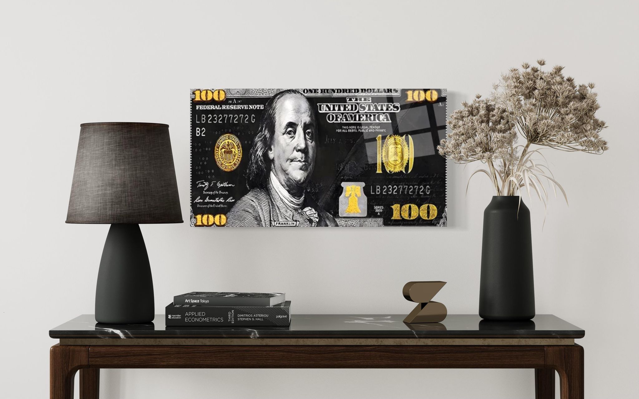 Schwarz-goldene Dollarschein-Wandkunst – Glaskunstgeschäft
