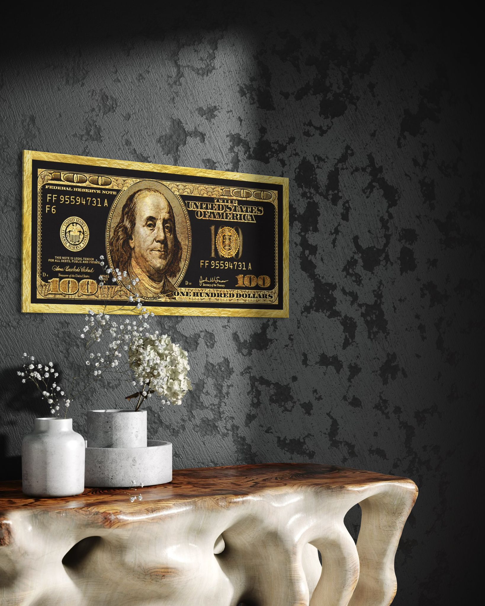 Goldene Dollarschein-Wandkunst