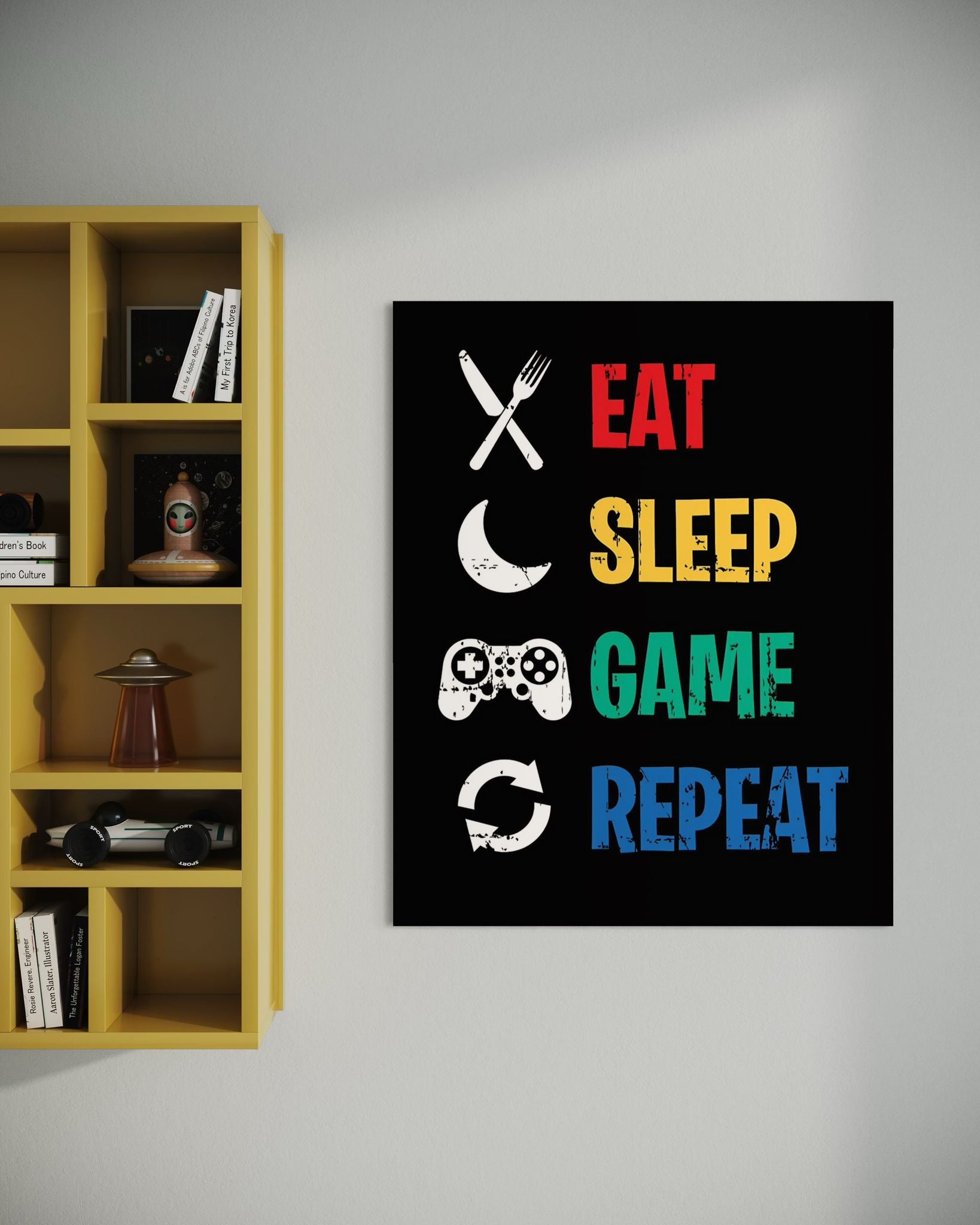 Wandkunst „Eat Sleep Game Repeat 2“.