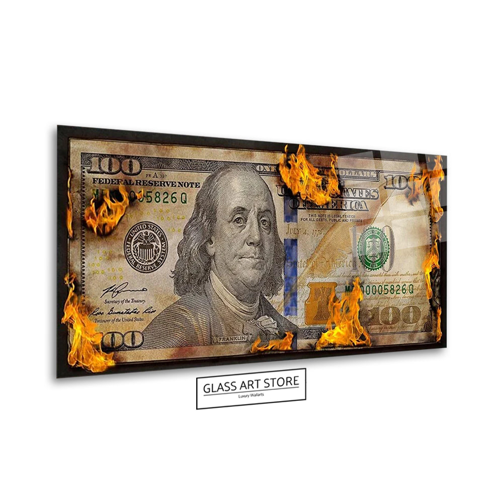 Wandkunst mit brennendem Dollarschein